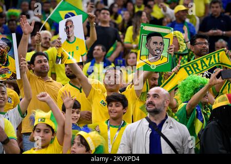 LUSAIL CITY, QATAR - DECEMBER 2: Fans and supporters of Brazil prior to the Group G - FIFA World Cup Qatar 2022 match between Cameroon and Brazil at the Lusail Stadium on December 2, 2022 in Lusail City, Qatar (Photo by Pablo Morano/BSR Agency) Stock Photo