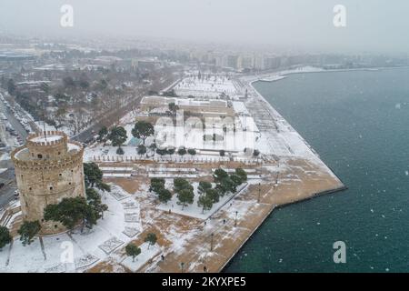 Aerial view of the snowy famous white tower in the city of Thessaloniki in northern Greece. Stock Photo