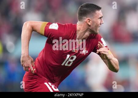 Doha, Qatar. 2nd Dec, 2022. Dusan Vlahovic of Serbia celebrates his goal during the Group G match between Serbia and Switzerland at the 2022 FIFA World Cup at Stadium 974 in Doha, Qatar, Dec. 2, 2022. Credit: Meng Dingbo/Xinhua/Alamy Live News Stock Photo