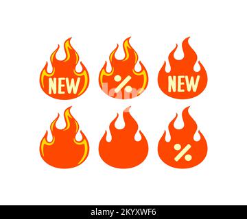 Fire, bonfire, flame, label and tag, sticker with word new, graphic design. Sale, discount and hot prices, shopping labels and promotional badge Stock Vector