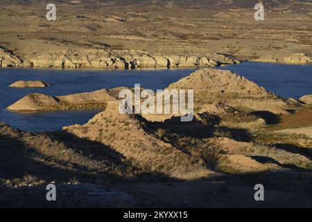 Las Vegas, United States. 16th Nov, 2022. Declining water levels due to climate change and 20 years of ongoing drought have reshaped Lake Mead's shorelines as seen in this file photo on Wednesday, November 16, 2022. Lake Mead is 26 feet lower than its current level, just 19% of the lake's full capacity and well below the federal government's predicted water level that would trigger the most severe water cuts for the Southwest. File Photo by Jim Ruymen/UPI Credit: UPI/Alamy Live News Stock Photo