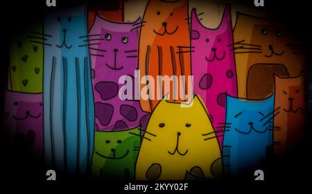 Coloured nice pencils on color table with light from above with cats Stock Photo