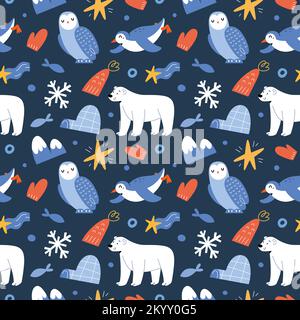Northern animals print, cute polar bear, snow owl and adorable penguin, arctic mammals illustrations, seamless vector pattern Stock Vector