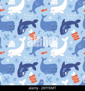 Arctic sea animals, cute blue whale, killer whale, beluga and seal, seamless pattern, adorable underwater mammals, Christmas print Stock Vector