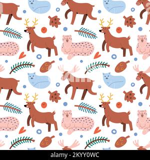 North forest animals pattern, cute reindeer, funny moose and white arctic fox, adorable snow leopard, seamless background Stock Vector