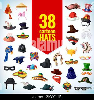 Cartoon hats. hats set. sombrero and cowboy, china cap and cylinder. Stock Vector