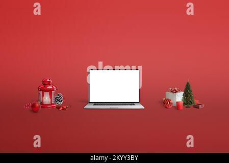 Laptop mockup on red background surrounded by Christmas decorations Stock Photo