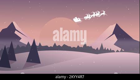 Image of snow falling over santa claus in sleigh with reindeer and winter landscape Stock Photo