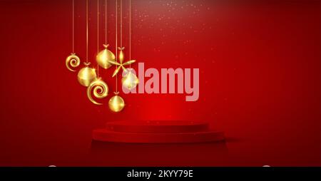 3D Christmas podium, New Year party, gold baubles with product display cylindrical shape, golden festive decoration for the holidays. Luxury template, Stock Vector
