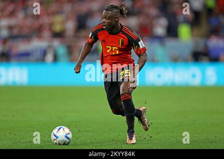 1st December 2022; Ahmed bin Ali Stadium, Al Rayyan, Qatar; FIFA World Cup Football, Croatia versus Belgium; Jérémy Doku of Belgium Stock Photo