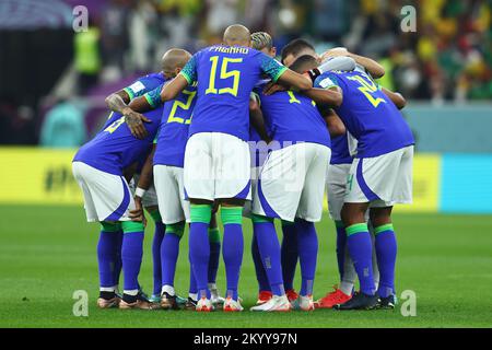 Doha, Qatar. 02nd Dec, 2022. Brazil huddle together ahead of the 2022 FIFA World Cup Group G match at Lusail Stadium in Doha, Qatar on December 02, 2022. Photo by Chris Brunskill/UPI Credit: UPI/Alamy Live News Stock Photo