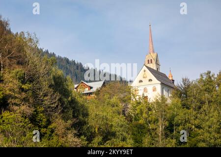 Idyllic landscape of church in Engadine valley, Swiss Alps, Switzerland Stock Photo