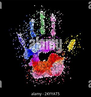 Colorful Handprint of Dots. Rainbow Colors Dots Shape of a Hand and Fingers on Black Stock Vector