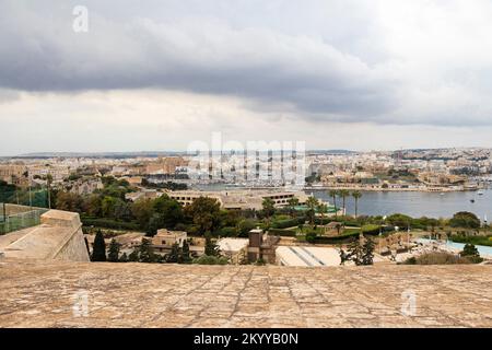 Panoramic view from Valletta fortification garden on Floriana Grand Hotel Excelsior with palm trees, bay and Msida Yacht Marina of Malta Stock Photo