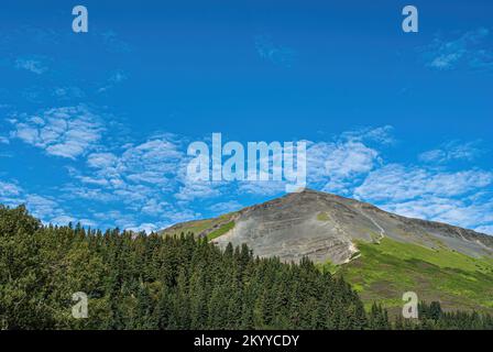 Seward, Alaska, USA - July 22, 2011: Gray rocky partly green mountain under blue cloudscape with green forest foliage up front near the town Stock Photo