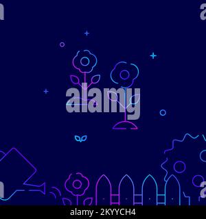Flowers, cabbage gradient line vector icon, simple illustration on a dark blue background, garden, farm related bottom border. Stock Vector