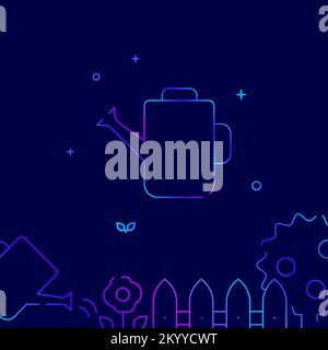 Garden watering can gradient line vector icon, simple illustration on a dark blue background, garden, farm related bottom border. Stock Vector