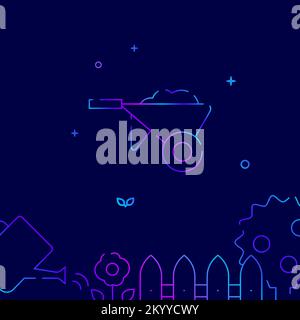 Garden wheelbarrow cart gradient line vector icon, simple illustration on a dark blue background, garden, farm related bottom border. Stock Vector