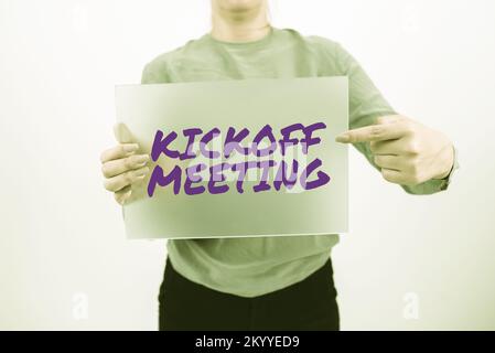 Conceptual hand writing showing Kickoff Meeting. Business photo text  Special discussion on the legalities involved in the project Young long  hair woman holding blank square announcement design. Stock Illustration by  ©artursz #277037702
