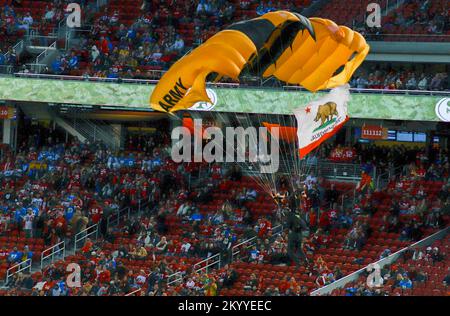 The Golden Knights parachute into the Levis Stadium before the