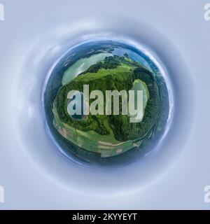 Aerial view of Azores, Portugal. Little planet panorama 360 degrees. Drone landscape in a Tiny planet image of Vila Franca Islet. Travel destination. Stock Photo