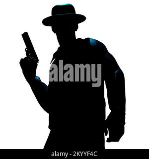 Isolated 3d render illustration of male detective or mobster with gun silhouette standing on white background. Stock Photo