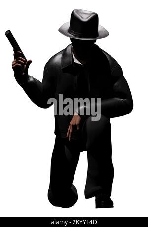 Isolated 3d render illustration of male detective or mobster with gun silhouette kneeling on white background. Stock Photo