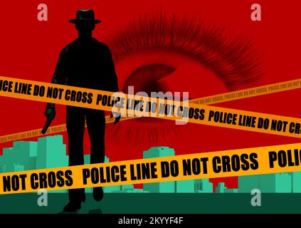 3d render illustration of male detective or mobster with gun silhouette walking on red cityscape background with scared woman eye and yellow police li Stock Photo