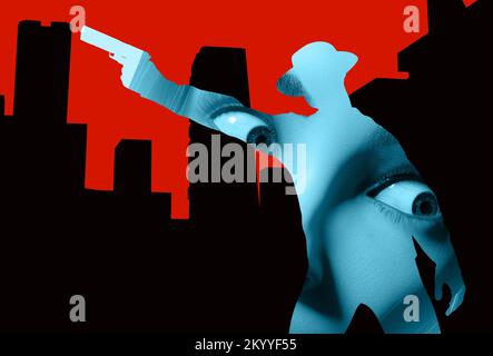 3d render noir illustration of comic style detective in hat and jacket shooting pose.on red and black cityscape with scared woman eyes background. Stock Photo