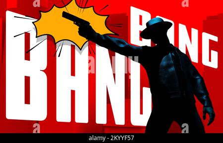 3d render illustration of comic style detective in hat and jacket shooting pose.on red background. Stock Photo