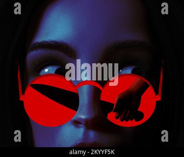 3d render noir thriller illustration of lady face in round glasses with knife killer hand in reflection on black background.. Stock Photo