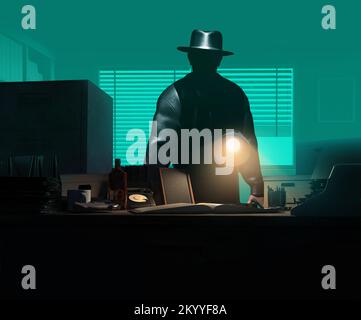 3d render illustration of male detective in hat and jacket leaning on table workspace on dark misty blue colored room with shades background. Stock Photo