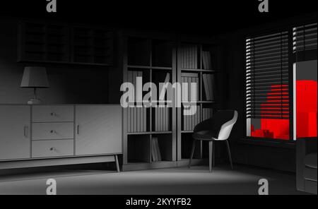 3d render illustration of gray colored toon style dark room with red cityscape background. Stock Photo