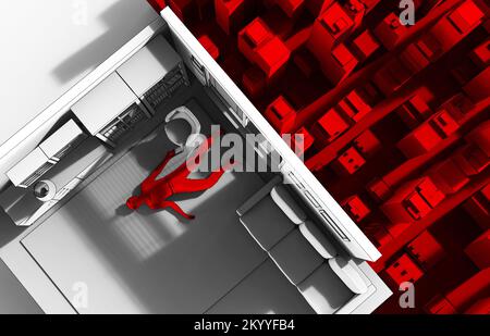 3d render illustration of male victim body laying in white colored room upper view on red cityscape background. Stock Photo