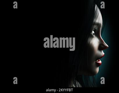 3d render noir thriller illustration of scared lady face profile on black background with blue light.. Stock Photo