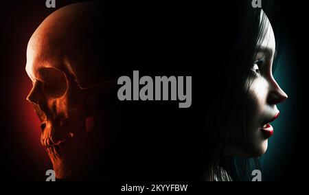 3d render noir thriller illustration of scared lady face profile with red toned skull on the other side on black background with blue light.. Stock Photo