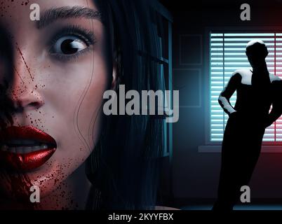 3d render horror thriller illustration of scared victim lady face covered in blood with mysterious stalker killer in dark room background. Stock Photo