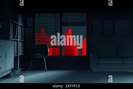 3d render illustration of dark noir room with red colored cityscape background. Stock Photo