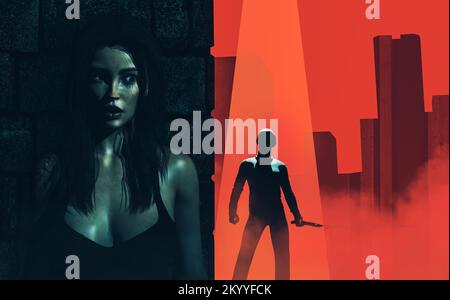 3d render illustration of scared victim lady hiding behind a wall from stalker killer with knife on red colored cityscape background. Stock Photo