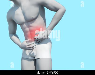 3d render illustration of male figure with stomach pain highlighted area on blue background. Stock Photo