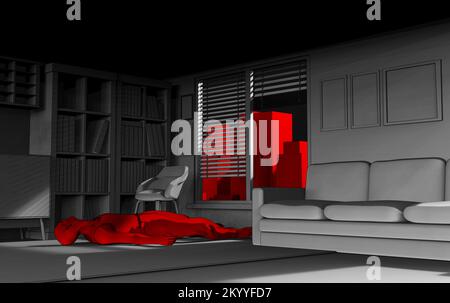 3d render illustration of male victim body laying in white colored dark room on red cityscape background. Stock Photo