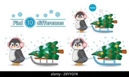 Cute New Year penguin bird with Christmas tree on sled find 10 differences puzzle education logical children game. Search match. Arctic animal. Vector Stock Vector