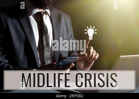 Sign displaying Midlife Crisis. Word Written on Software development technique Decomposing an application Stock Photo