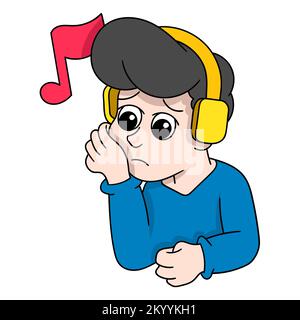 illustration of a man wearing headphones listening to sad music with a gloomy face Stock Vector