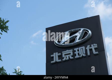 Beijing,China-September 14th 2022: close up Beijing Hyundai Motor Co., Ltd. logo. A joint-venture between BAIC Motor and Hyundai Motor Company Stock Photo