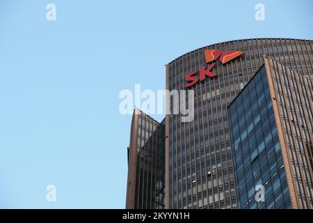 Beijing,China-Sep. 11th 2022: SK Group brand logo on SK Tower in Beijing. A South Korean company Stock Photo