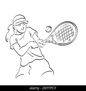line art athlete Asian woman playing tennis and hitting ball with racket illustration vector hand drawn isolated on white background Stock Vector