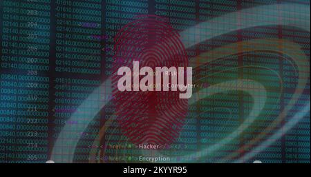Composition of biometric fingerprint, scope scanning and data processing Stock Photo