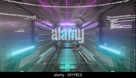 Composition of 6g text, data processing, glowing light spots and tunnel of neon lights Stock Photo