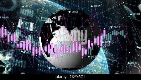 The image shows a globe rotating on top of another globe, with various graphs and numbers appearing Stock Photo